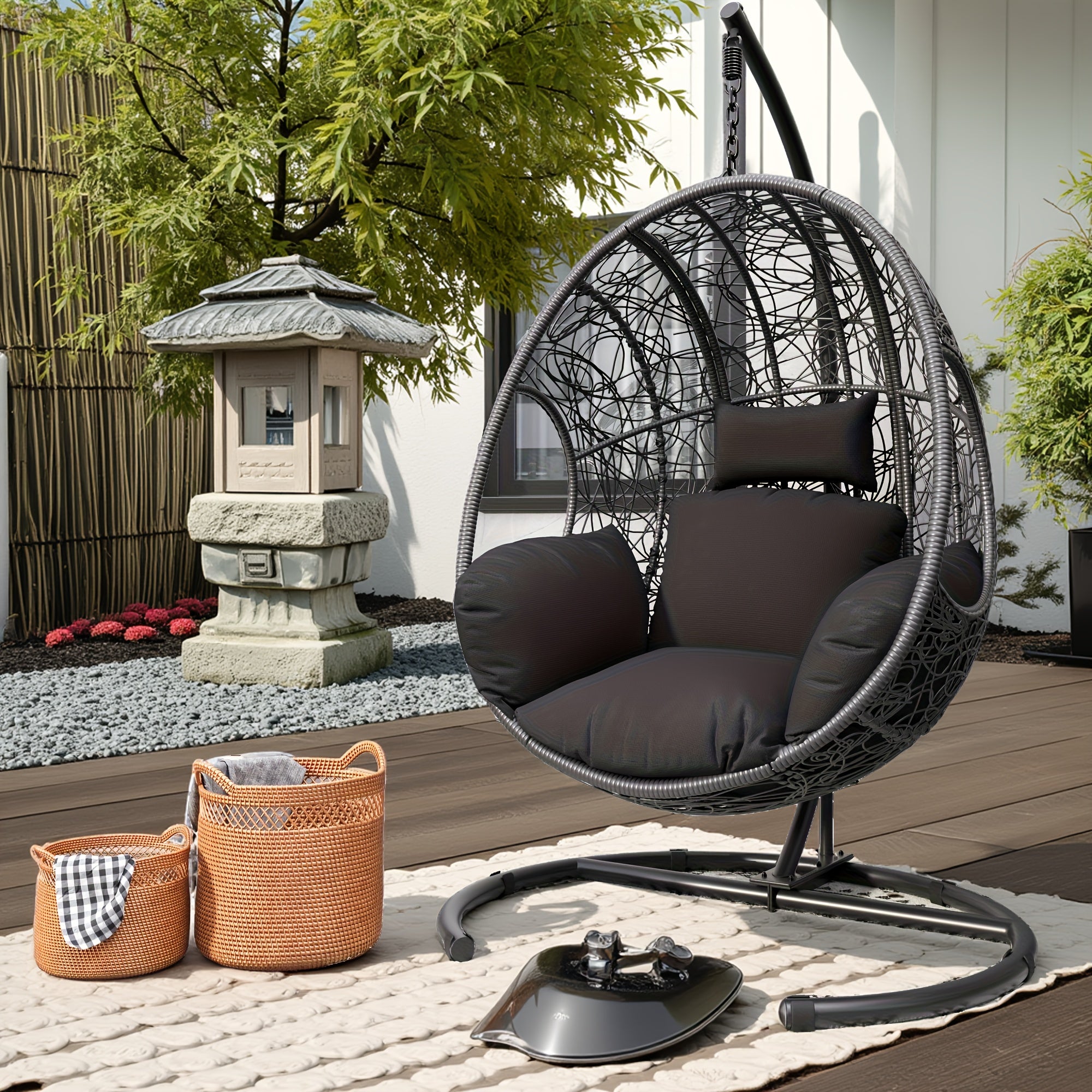 Oversized Hanging Egg Chair Outdoor Wicker Swing Chair with Stand Rain Cover UV Resistant Cushion 400lbs Capacity for Patio, Garden And Balcony Outdoor Patio Furniture