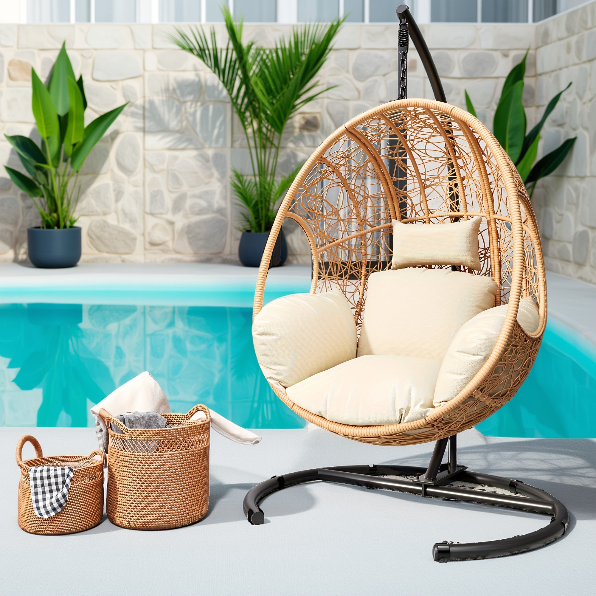 Oversized Hanging Egg Chair Outdoor Wicker Swing Chair with Stand Rain Cover UV Resistant Cushion 400lbs Capacity for Patio, Garden And Balcony Outdoor Patio Furniture