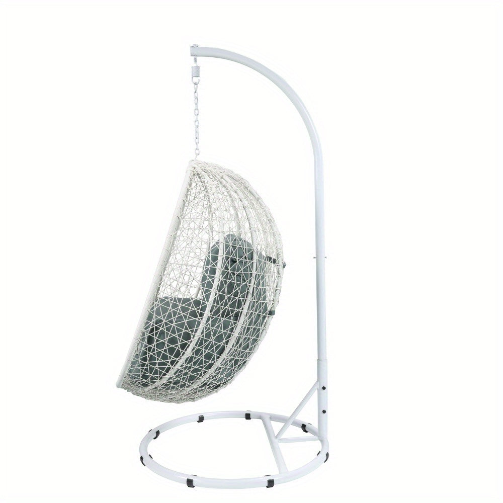 Simona Green Fabric & White Wicker Hanging Chair with Cushioned Seat - Sturdy A-Frame Stand & Canopy, All-Weather Durable Wicker for Balcony, Patio, - Modern Comfortable Furniture, Easy Assembly Required, Includes White Wicker Frame and Green Fabric Cushi