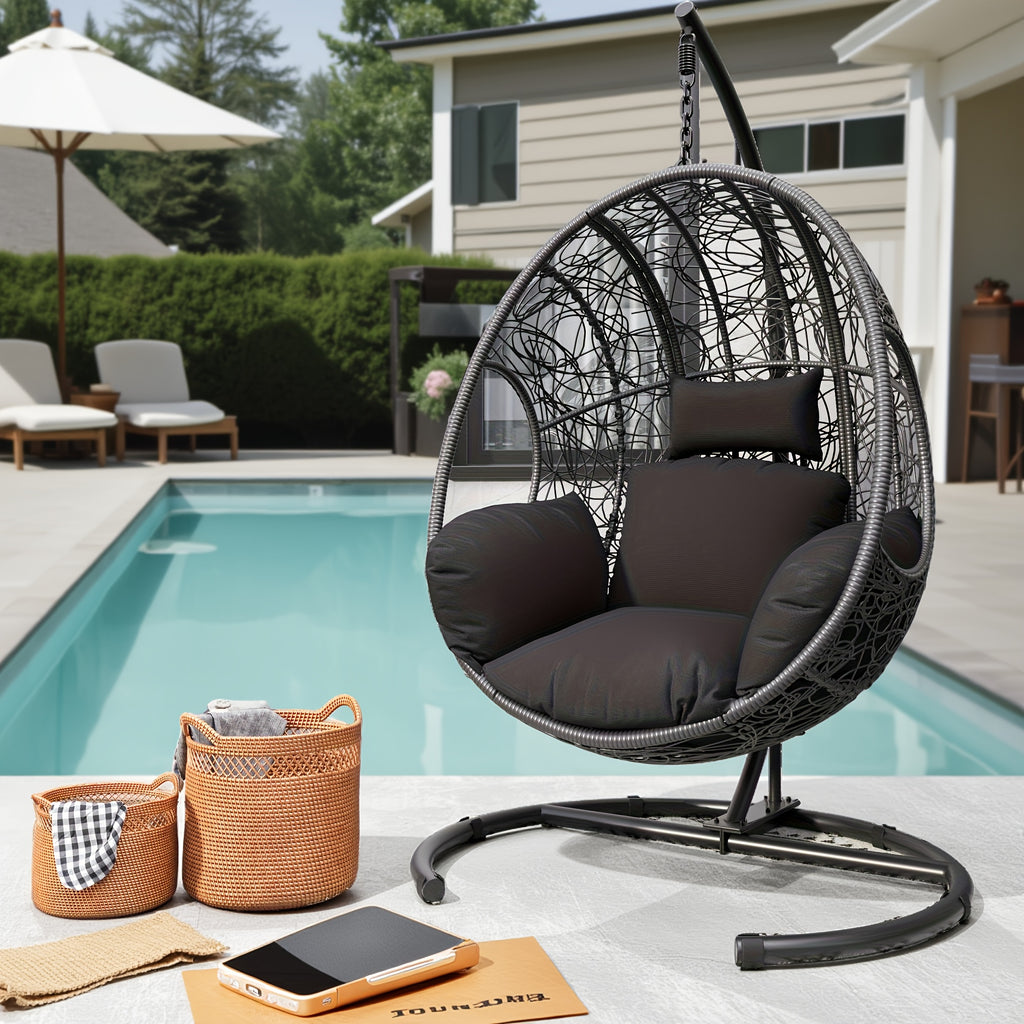 Oversized Hanging Egg Chair Outdoor Wicker Swing Chair with Stand Rain Cover UV Resistant Cushion 400lbs Capacity for Patio, Garden And Balcony Outdoor Patio Furniture
