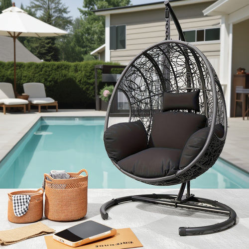 Oversized Hanging Egg Chair Outdoor Wicker Swing Chair with Stand Rain Cover UV Resistant Cushion 400lbs Capacity for Patio, Garden And Balcony Outdoor Patio Furniture