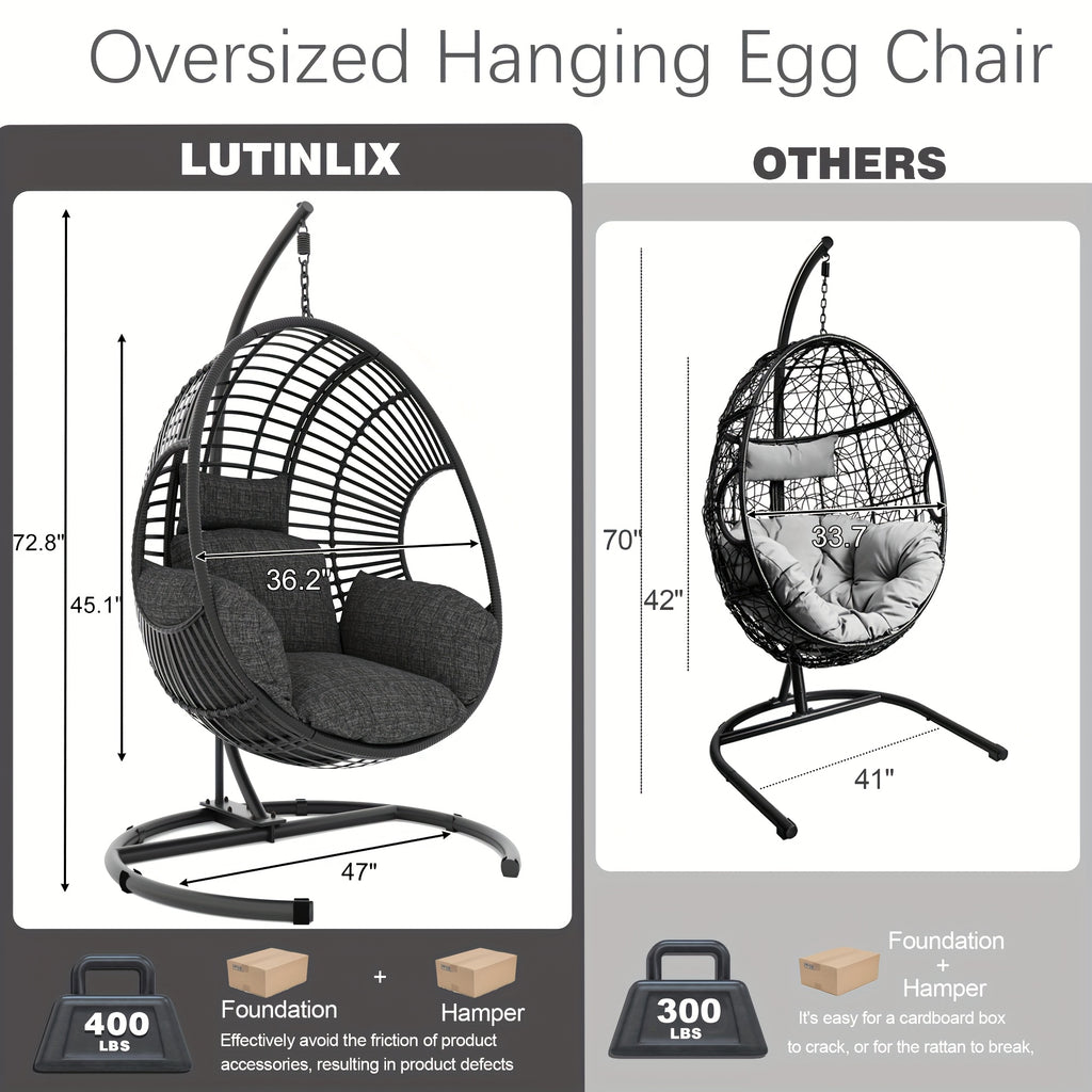 Oversized Hanging Egg Chair Outdoor Wicker Swing Chair with Stand Rain Cover UV Resistant Cushion 400lbs Capacity for Patio, Garden And Balcony Outdoor Patio Furniture