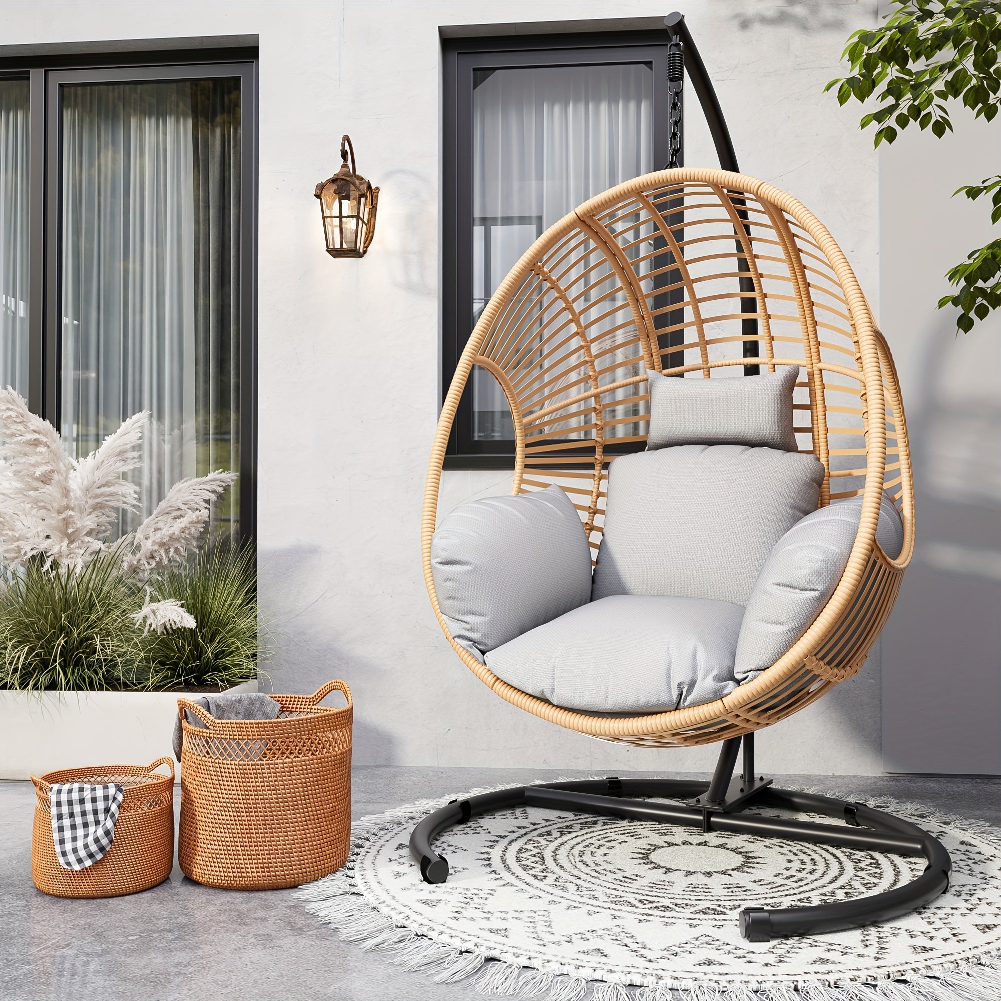 Oversized Hanging Egg Chair Outdoor Wicker Swing Chair with Stand Rain Cover UV Resistant Cushion 400lbs Capacity for Patio, Garden And Balcony Outdoor Patio Furniture