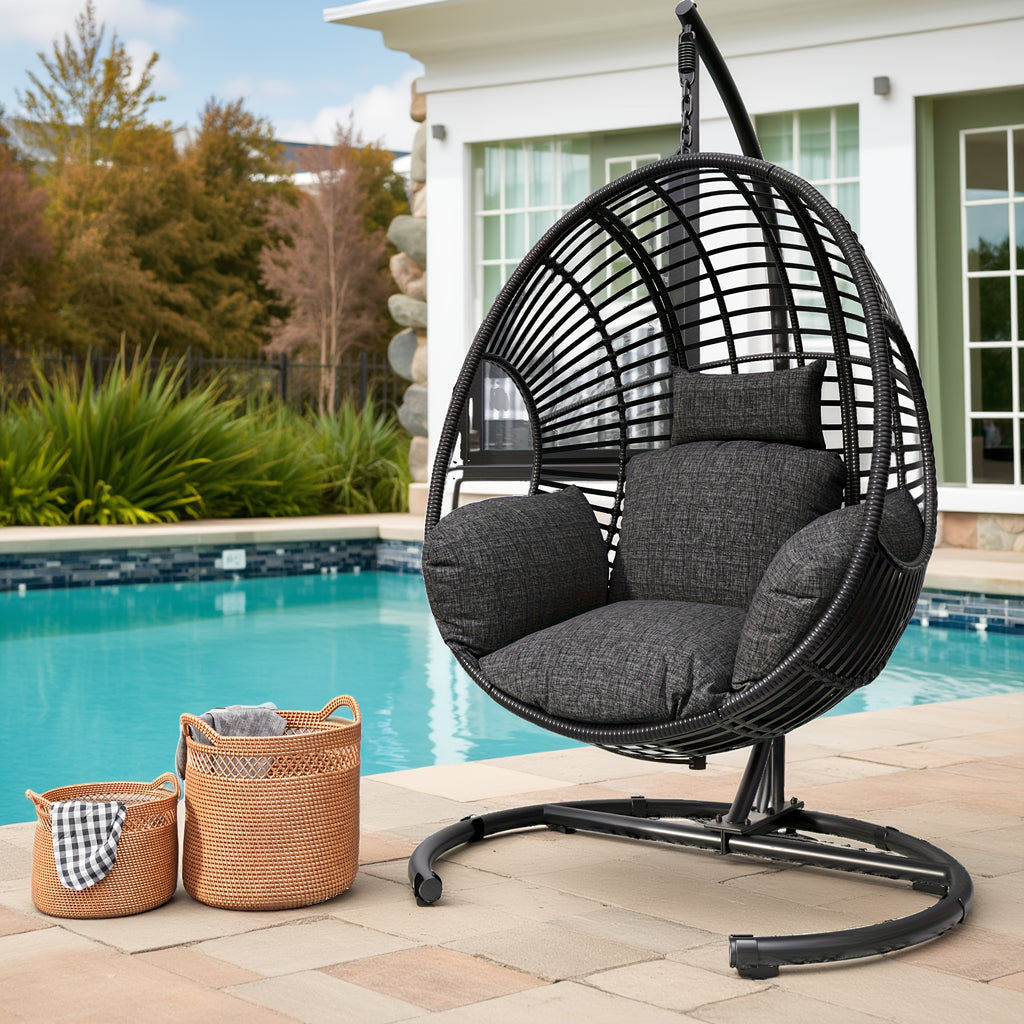 Oversized Hanging Egg Chair Outdoor Wicker Swing Chair with Stand Rain Cover UV Resistant Cushion 400lbs Capacity for Patio, Garden And Balcony Outdoor Patio Furniture