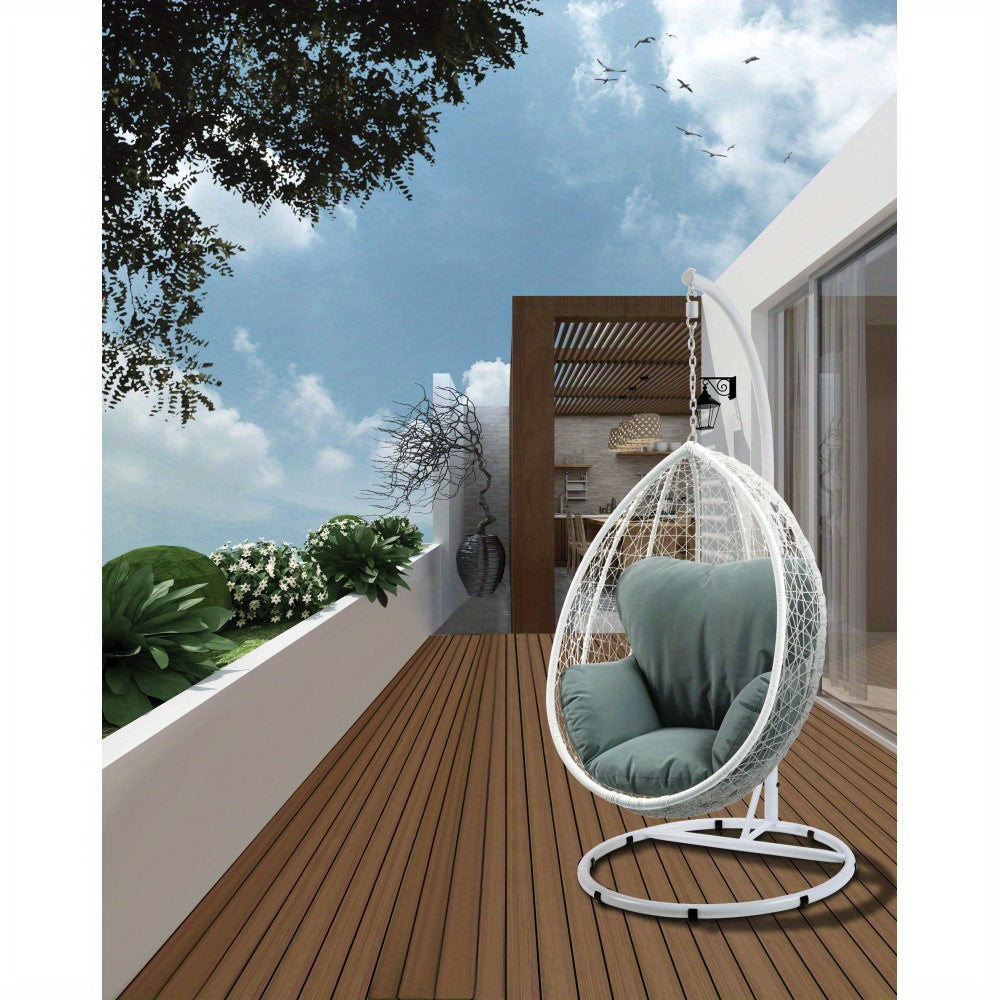 Simona Green Fabric & White Wicker Hanging Chair with Cushioned Seat - Sturdy A-Frame Stand & Canopy, All-Weather Durable Wicker for Balcony, Patio, - Modern Comfortable Furniture, Easy Assembly Required, Includes White Wicker Frame and Green Fabric Cushi