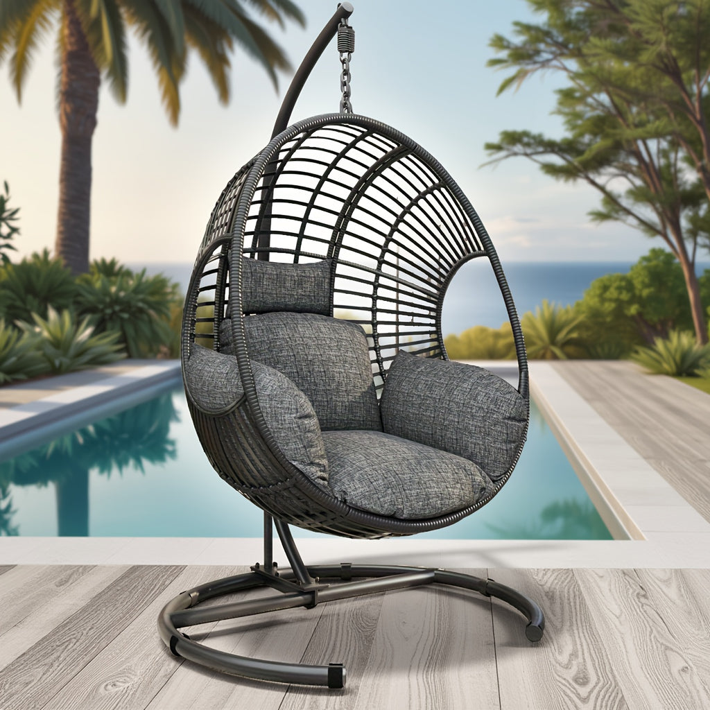 Oversized Hanging Egg Chair Outdoor Wicker Swing Chair with Stand Rain Cover UV Resistant Cushion 400lbs Capacity for Patio, Garden And Balcony Outdoor Patio Furniture