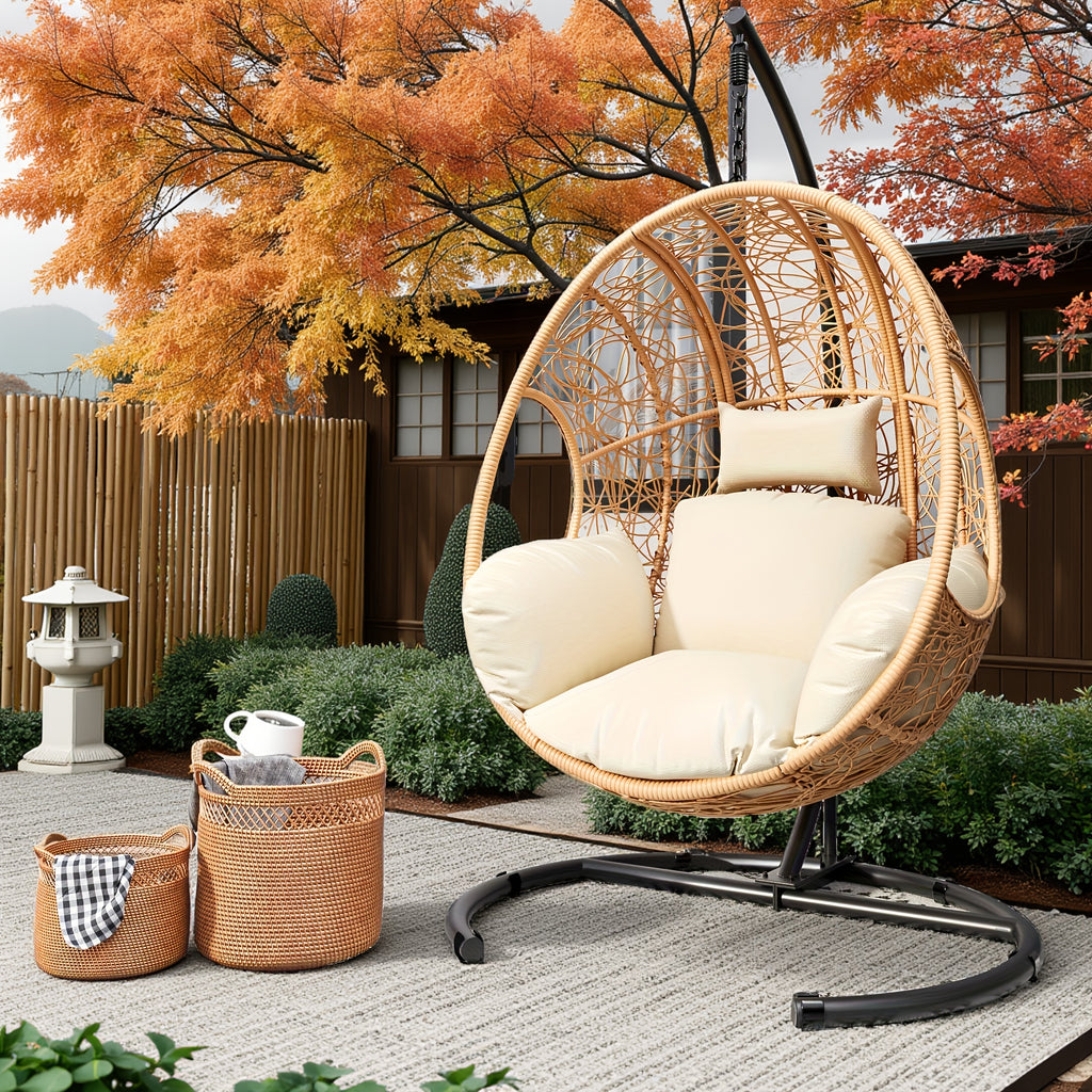 Oversized Hanging Egg Chair Outdoor Wicker Swing Chair with Stand Rain Cover UV Resistant Cushion 400lbs Capacity for Patio, Garden And Balcony Outdoor Patio Furniture