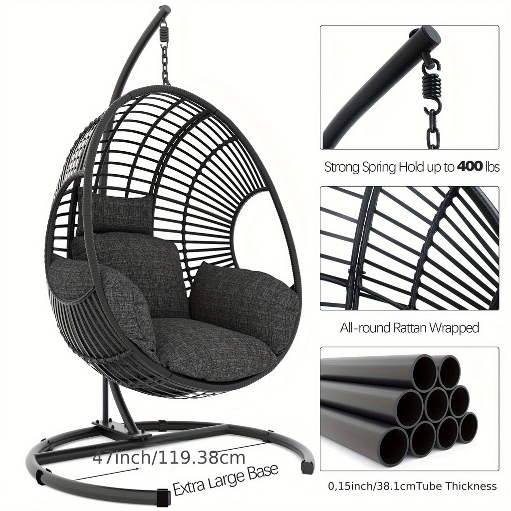 Oversized Hanging Egg Chair Outdoor Wicker Swing Chair with Stand Rain Cover UV Resistant Cushion 400lbs Capacity for Patio, Garden And Balcony Outdoor Patio Furniture