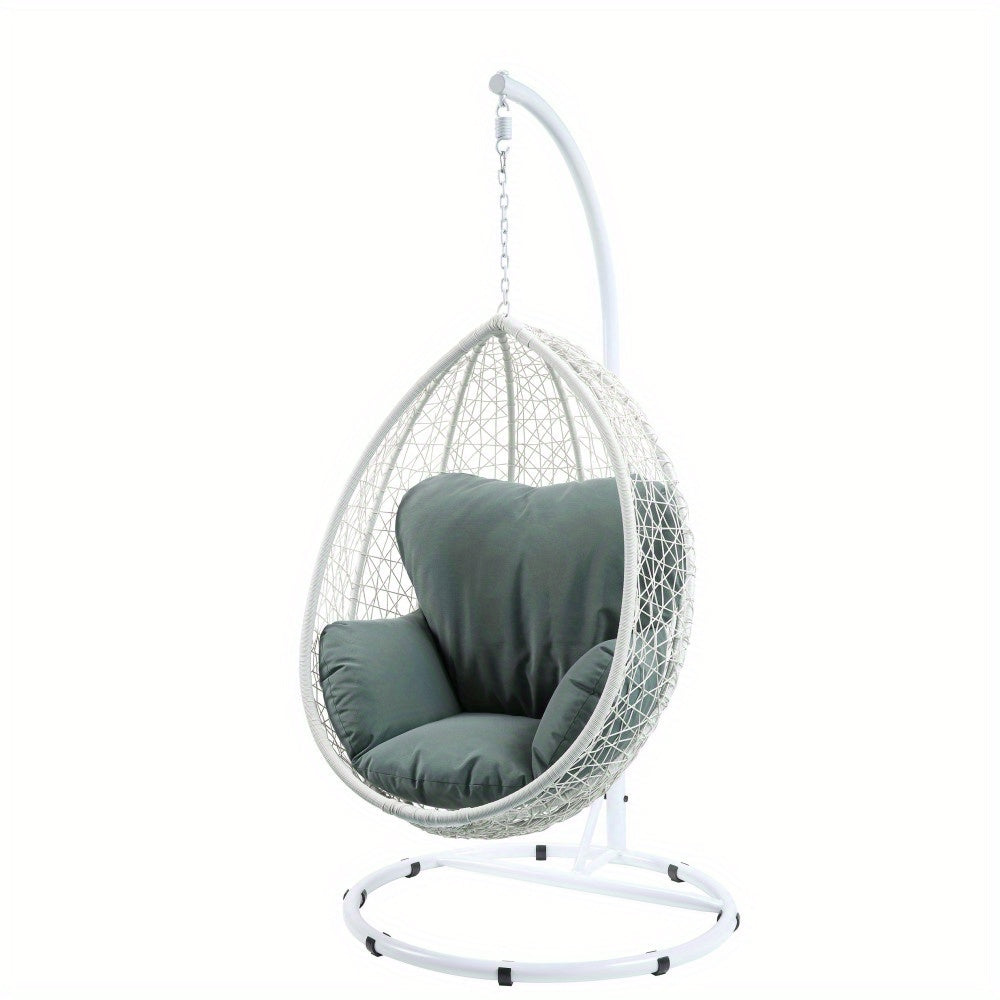 Simona Green Fabric & White Wicker Hanging Chair with Cushioned Seat - Sturdy A-Frame Stand & Canopy, All-Weather Durable Wicker for Balcony, Patio, - Modern Comfortable Furniture, Easy Assembly Required, Includes White Wicker Frame and Green Fabric Cushi