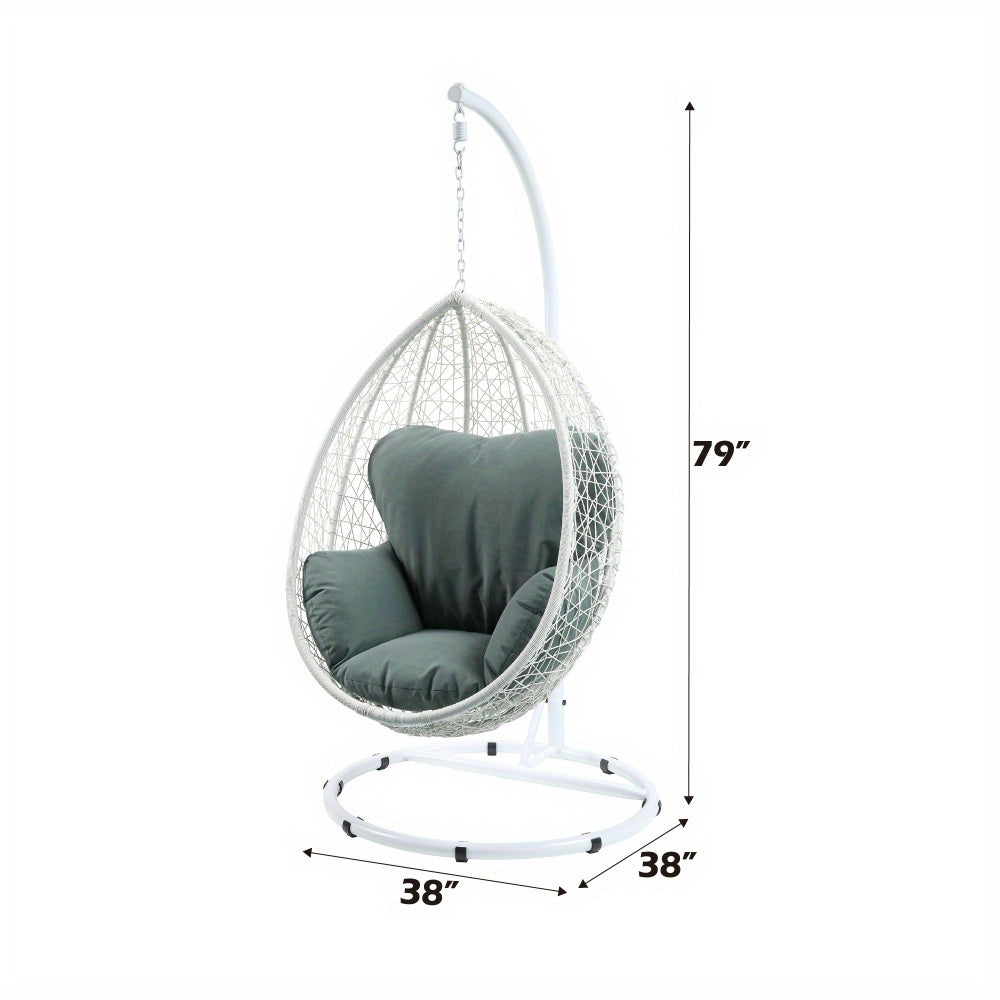 Simona Green Fabric & White Wicker Hanging Chair with Cushioned Seat - Sturdy A-Frame Stand & Canopy, All-Weather Durable Wicker for Balcony, Patio, - Modern Comfortable Furniture, Easy Assembly Required, Includes White Wicker Frame and Green Fabric Cushi