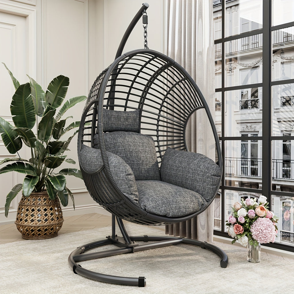Oversized Hanging Egg Chair Outdoor Wicker Swing Chair with Stand Rain Cover UV Resistant Cushion 400lbs Capacity for Patio, Garden And Balcony Outdoor Patio Furniture
