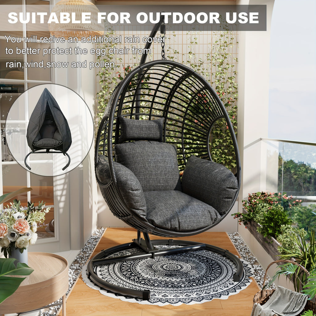 Oversized Hanging Egg Chair Outdoor Wicker Swing Chair with Stand Rain Cover UV Resistant Cushion 400lbs Capacity for Patio, Garden And Balcony Outdoor Patio Furniture