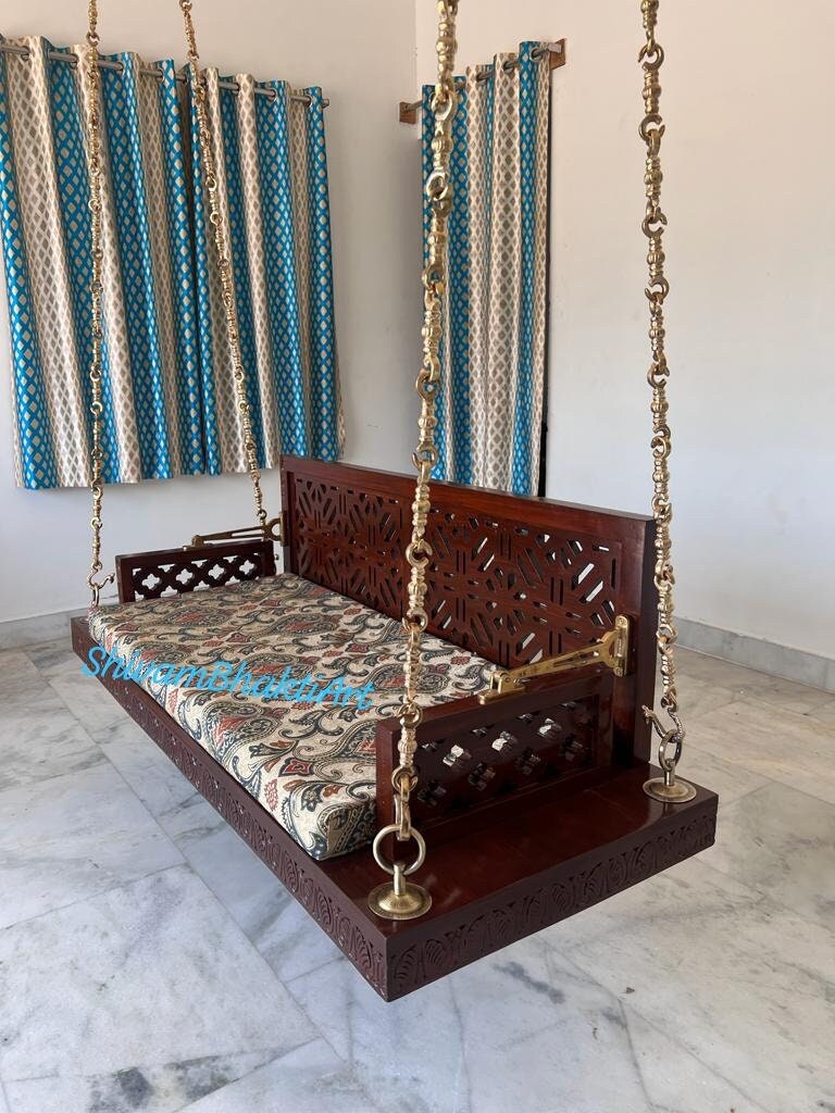 Teak Wooden Reversible Swing, Indoor Porch Decor, Fine Carved Reversible Oonjal