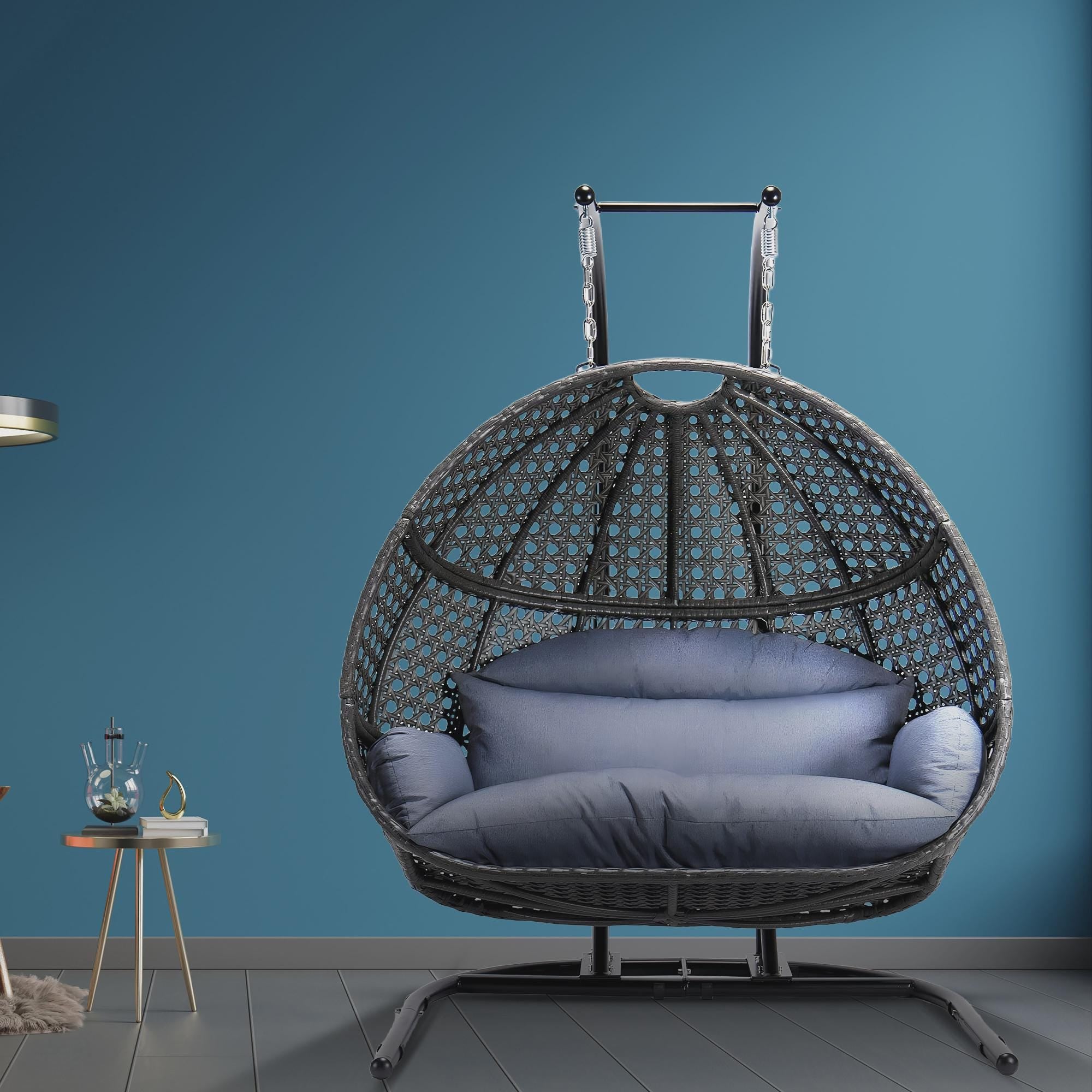 Oversized Wicker Patio Swing with Blue Cushion and Stainless Steel Stand