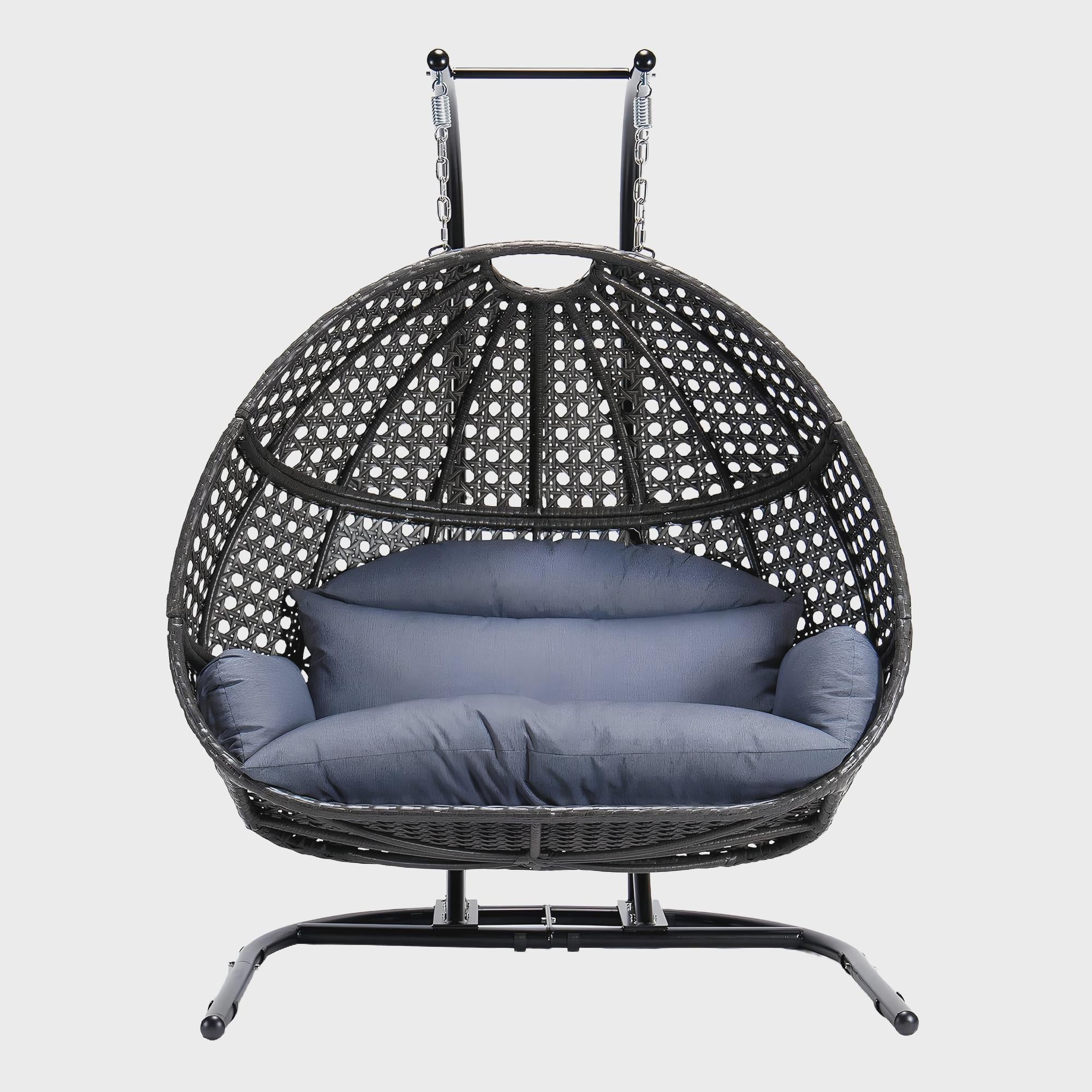 Oversized Wicker Patio Swing with Blue Cushion and Stainless Steel Stand