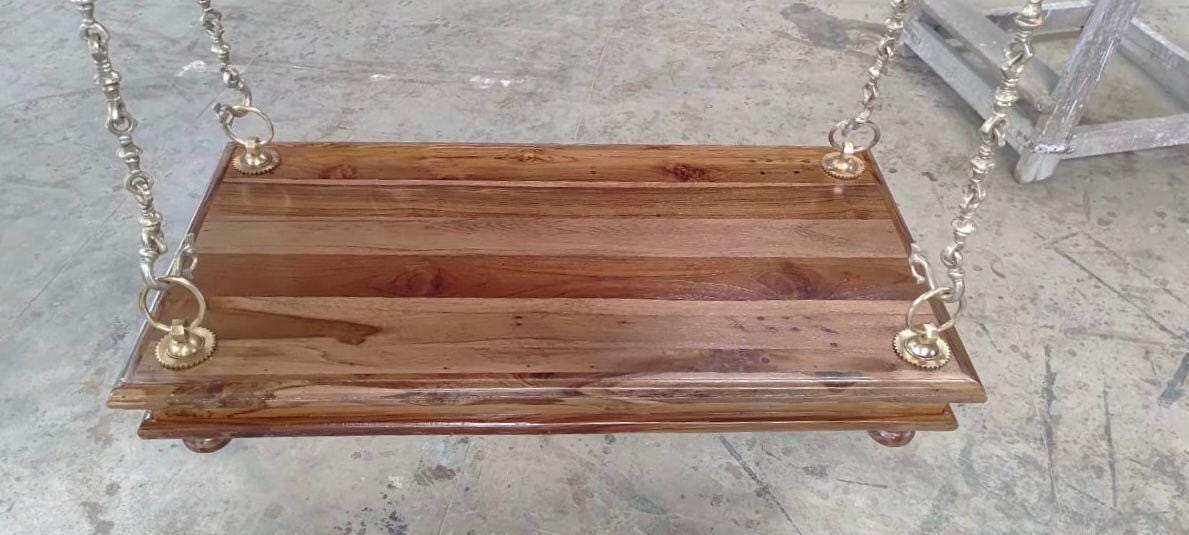 Carved Teak Wood Jhula Swing with Brass Chain: Indian Style Love Chair