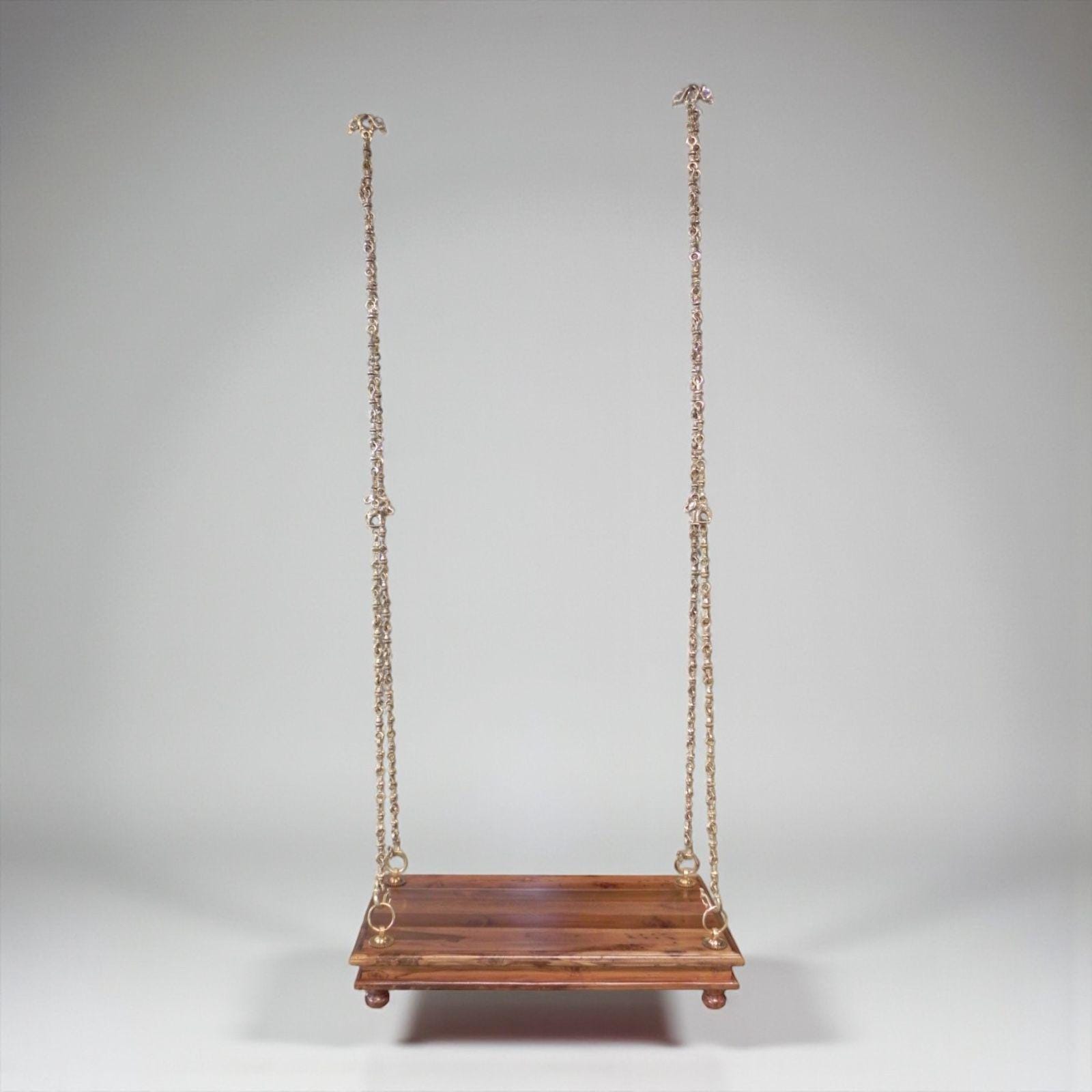 Carved Teak Wood Jhula Swing with Brass Chain: Indian Style Love Chair