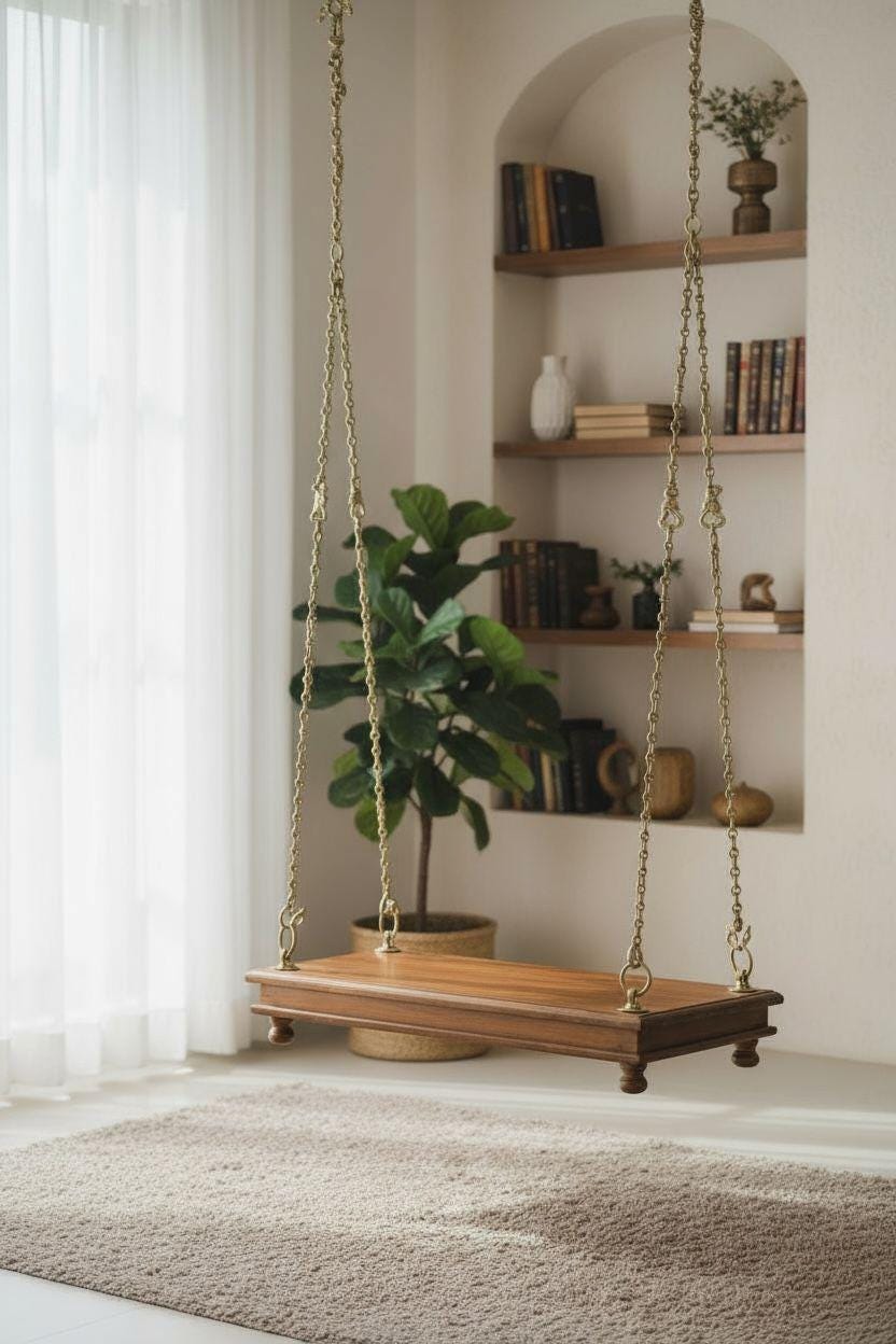 Carved Teak Wood Jhula Swing with Brass Chain: Indian Style Love Chair