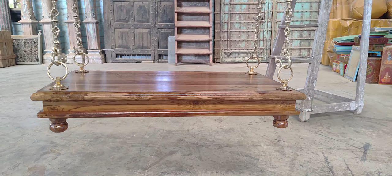 Carved Teak Wood Jhula Swing with Brass Chain: Indian Style Love Chair