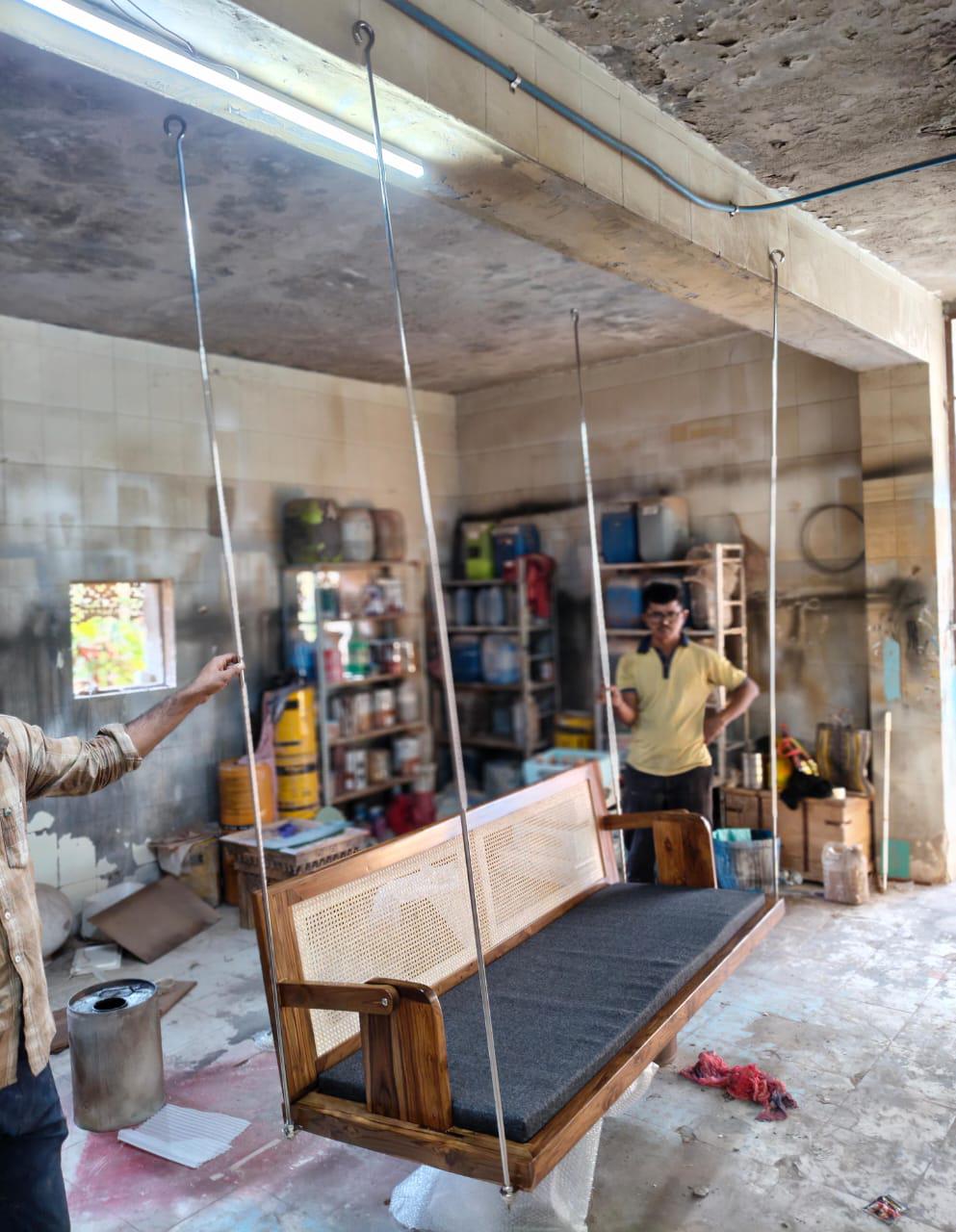 Carved Teak Wood Jhula Swing: Indian Style Cane Back Loveseat with Metal Chain