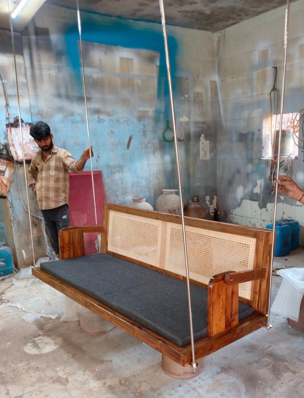 Carved Teak Wood Jhula Swing: Indian Style Cane Back Loveseat with Metal Chain