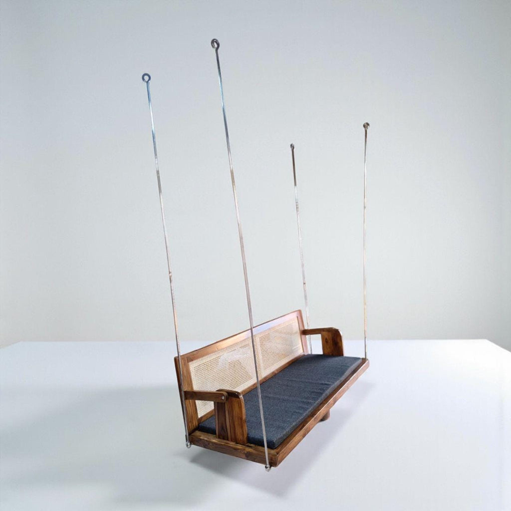 Carved Teak Wood Jhula Swing: Indian Style Cane Back Loveseat with Metal Chain