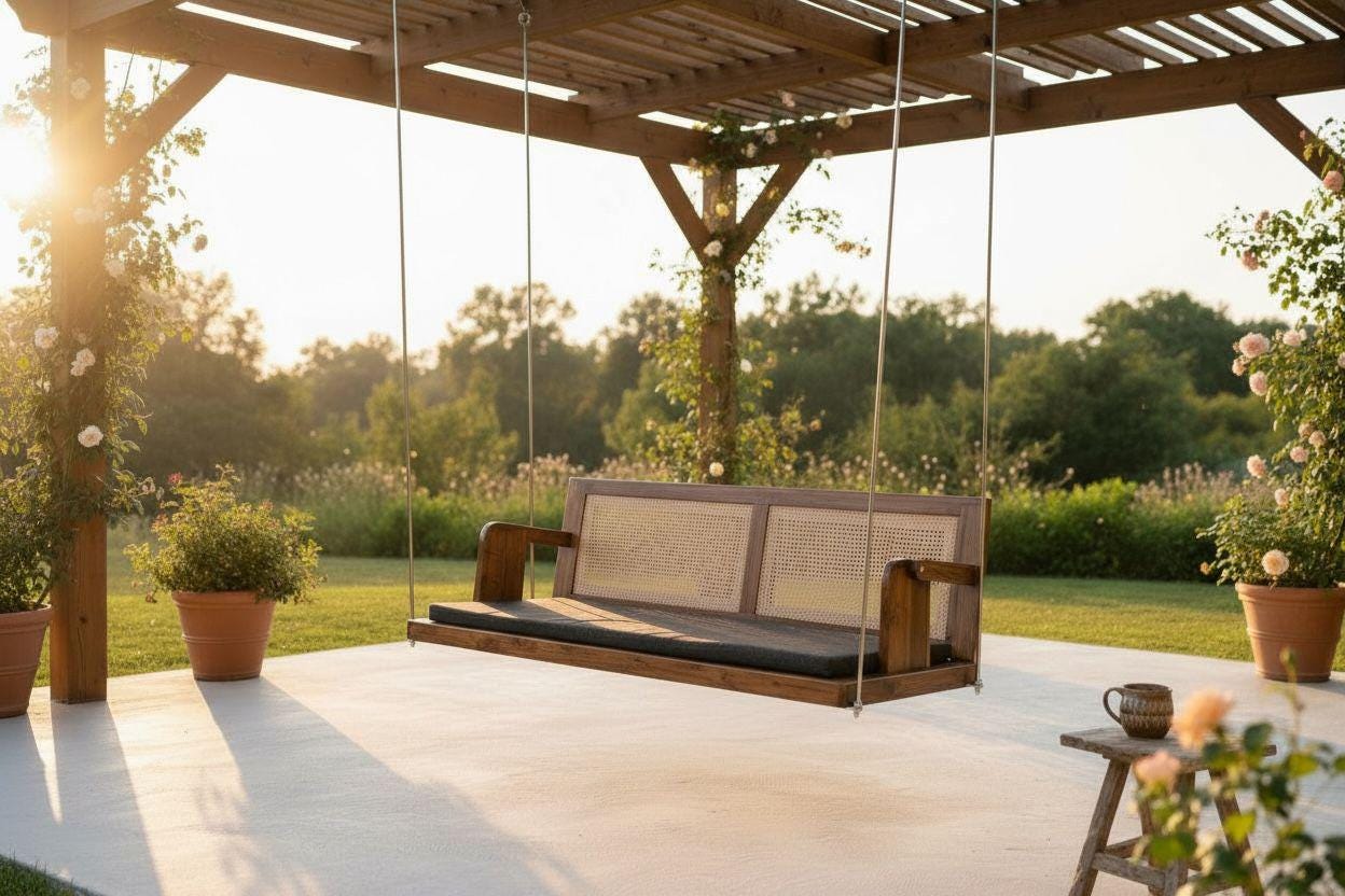 Carved Teak Wood Jhula Swing: Indian Style Cane Back Loveseat with Metal Chain