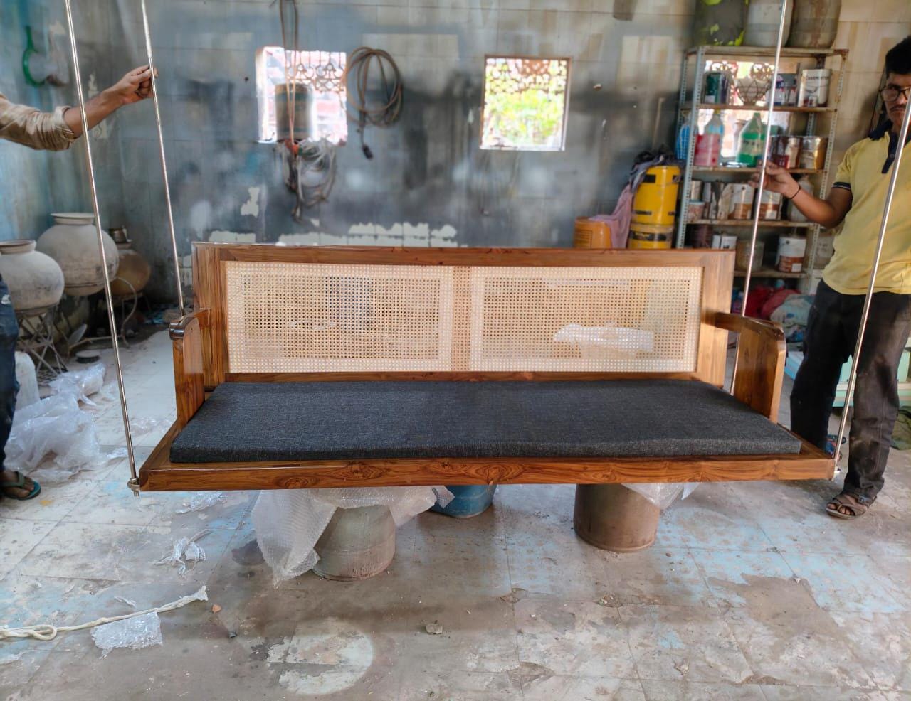 Carved Teak Wood Jhula Swing: Indian Style Cane Back Loveseat with Metal Chain