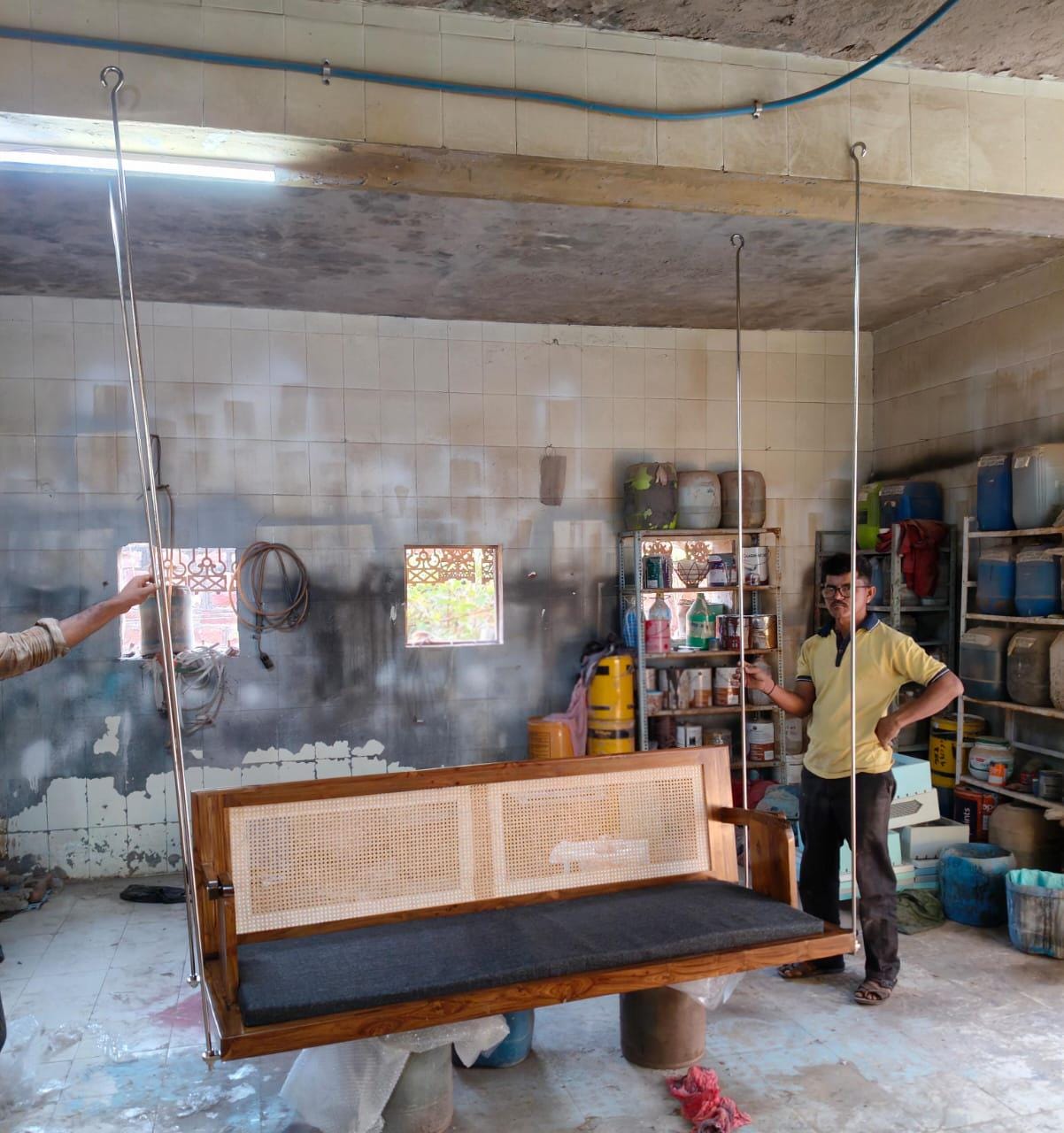 Carved Teak Wood Jhula Swing: Indian Style Cane Back Loveseat with Metal Chain