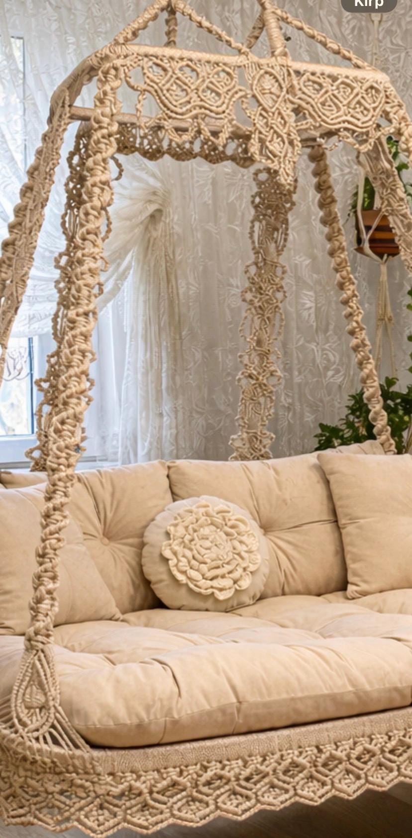 Boho Macrame Double Swing Chair | Beige Handmade Hanging Swing | Garden &amp; Veranda Swing with Cushions