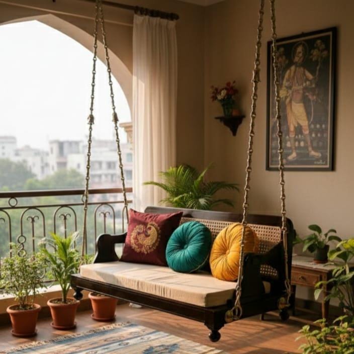 Handcrafted Wooden Indoor Jhula Swing with Cushions for Home &amp; Balcony Decor