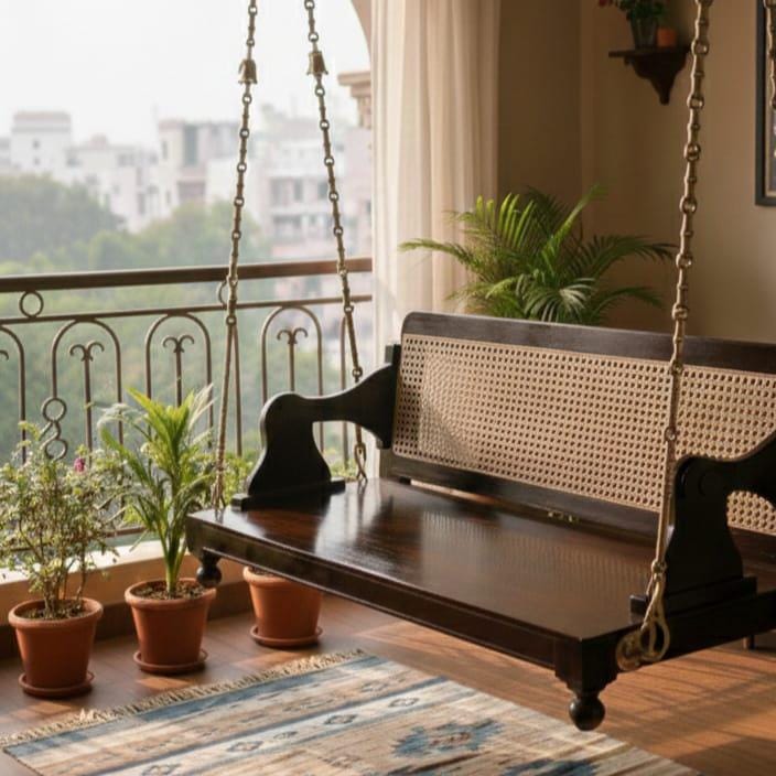 Handcrafted Wooden Indoor Jhula Swing with Cushions for Home &amp; Balcony Decor