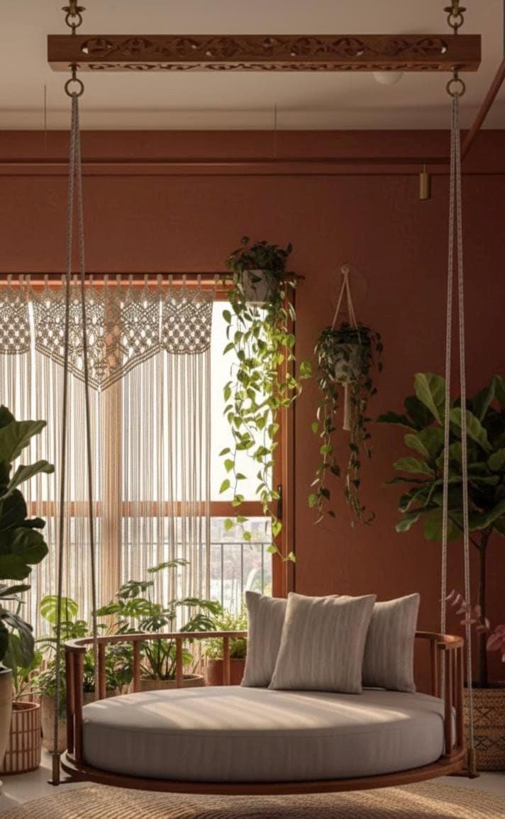 Round Hanging Wooden Swing | Solid Wood Indoor Swing Chair for Living Room &amp; Bedroom | Handcrafted