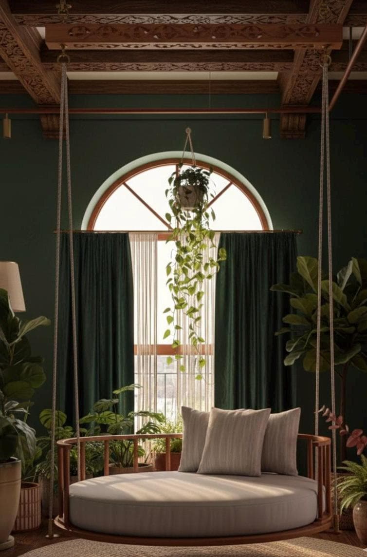 Round Hanging Wooden Swing | Solid Wood Indoor Swing Chair for Living Room &amp; Bedroom | Handcrafted