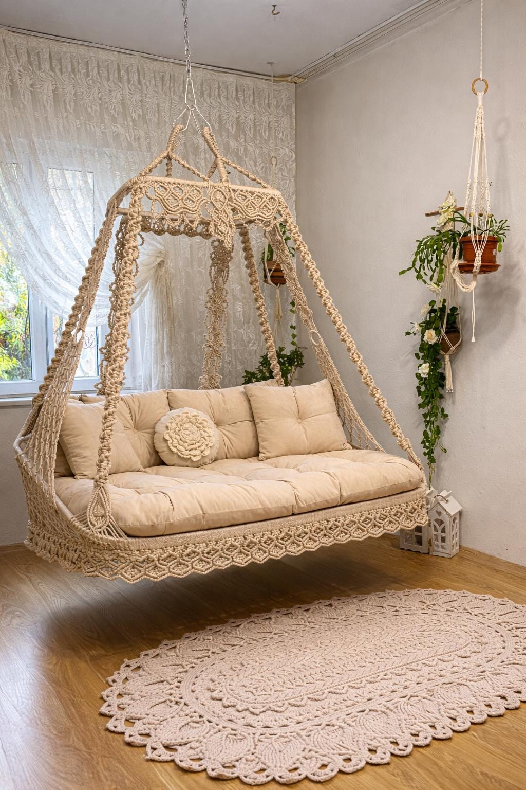 Boho Macrame Double Swing Chair | Beige Handmade Hanging Swing | Garden &amp; Veranda Swing with Cushions