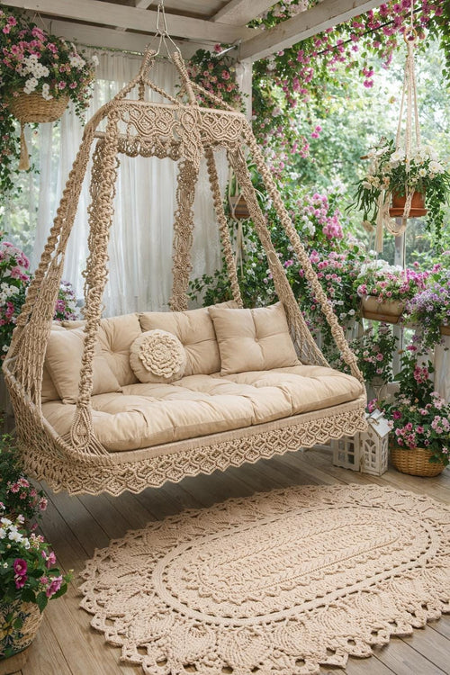 Boho Macrame Double Swing Chair | Beige Handmade Hanging Swing | Garden &amp; Veranda Swing with Cushions
