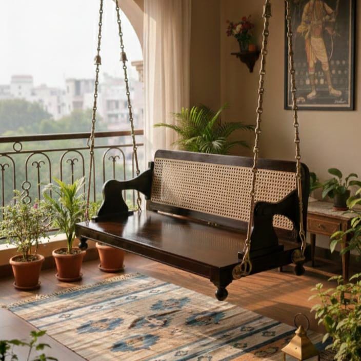 Handcrafted Wooden Indoor Jhula Swing with Cushions for Home &amp; Balcony Decor