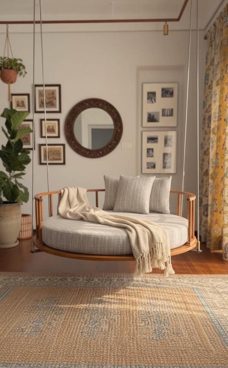 Round Hanging Wooden Swing | Solid Wood Indoor Swing Chair for Living Room &amp; Bedroom | Handcrafted