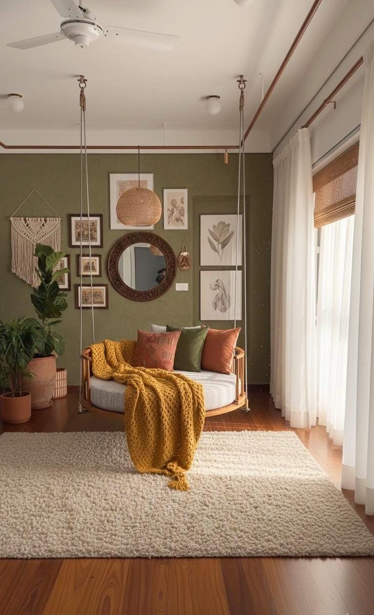 Round Hanging Wooden Swing | Solid Wood Indoor Swing Chair for Living Room &amp; Bedroom | Handcrafted