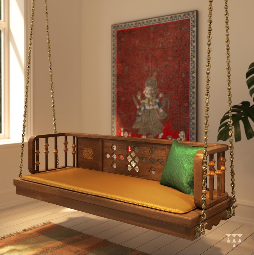 Madhav - Handcrafted Indian Wooden Swing with Brass Chain - Indoor Jhoola Bench