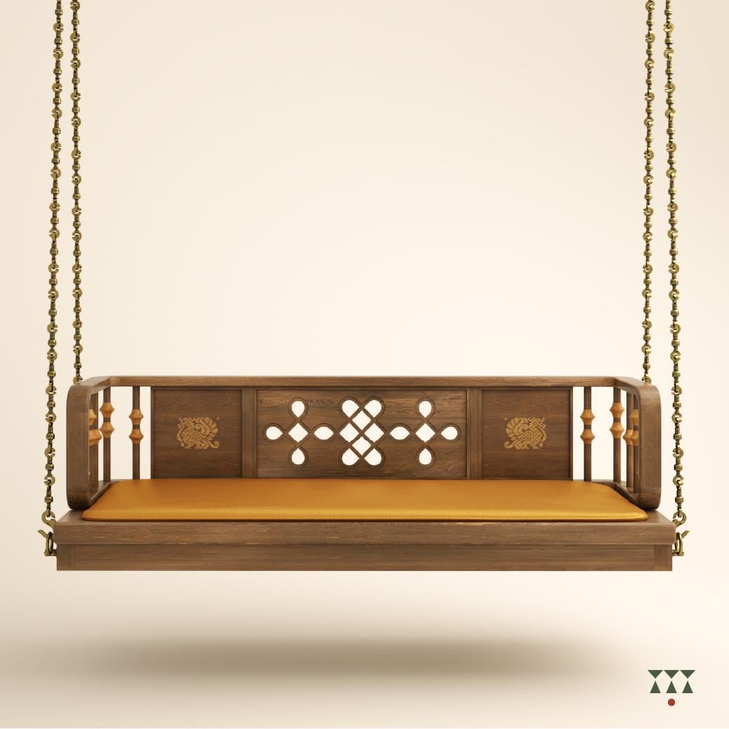 Madhav - Handcrafted Indian Wooden Swing with Brass Chain - Indoor Jhoola Bench