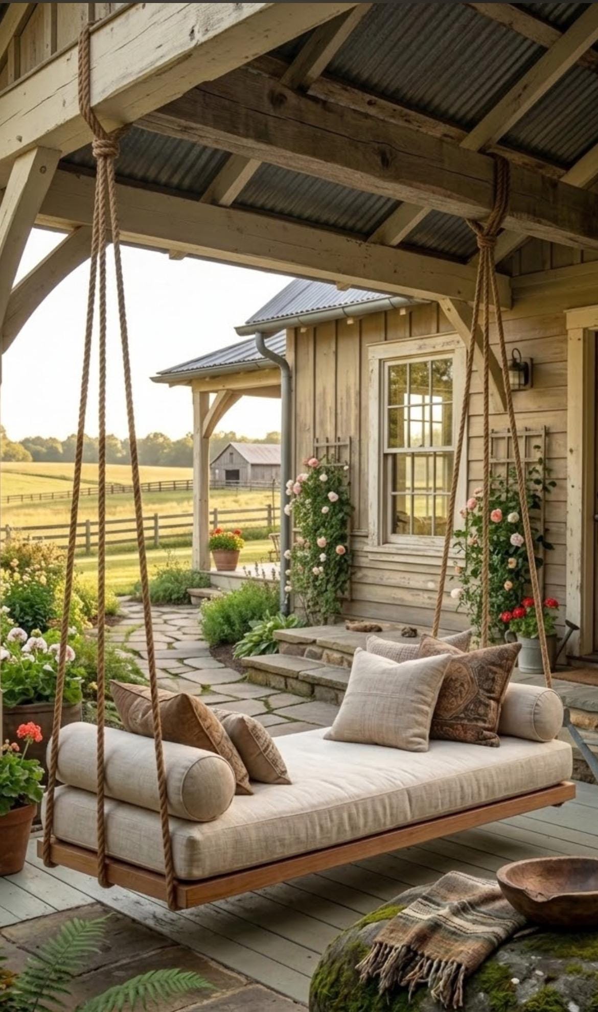 Handmade Luxury Wooden Bed Swing For Porch - Hanging Daybed with Rope - Outdoor Garden Furniture - Custom Sİze Farmhouse Swing